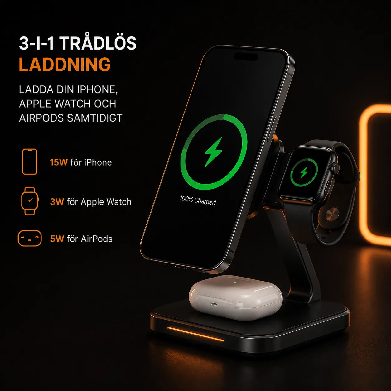 NOVAKT® Charge Pro – Magnetisk 3-i-1 Qi2-Laddningsstation