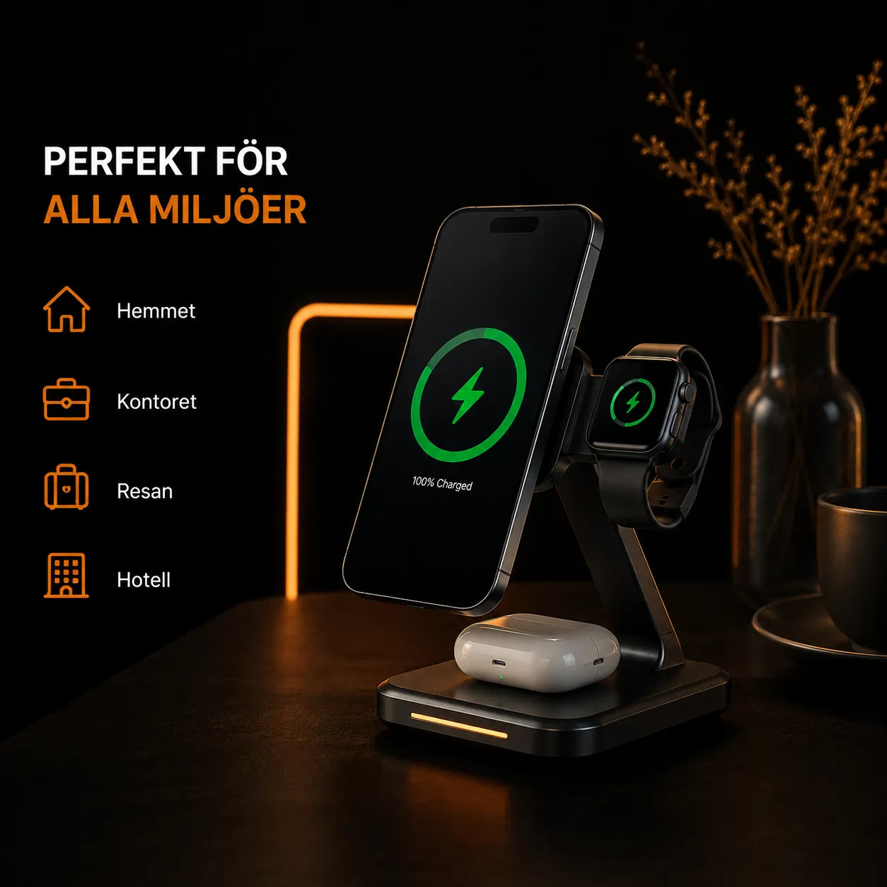 NOVAKT® Charge Pro – Magnetisk 3-i-1 Qi2-Laddningsstation