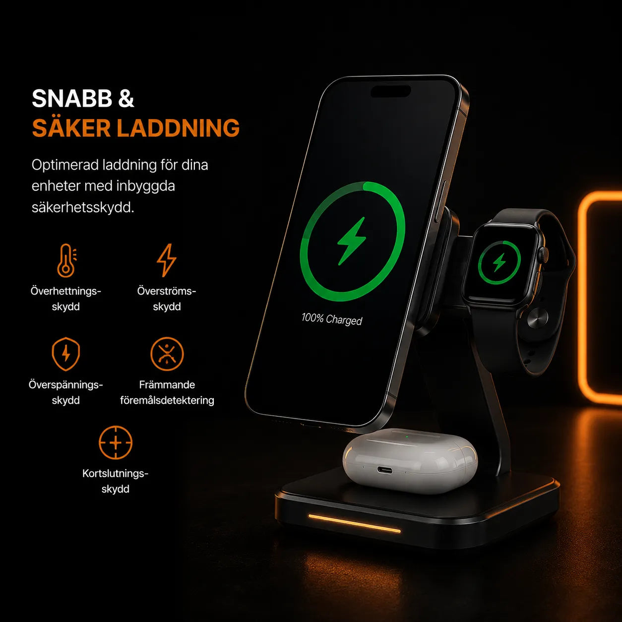 NOVAKT® Charge Pro – Magnetisk 3-i-1 Qi2-Laddningsstation