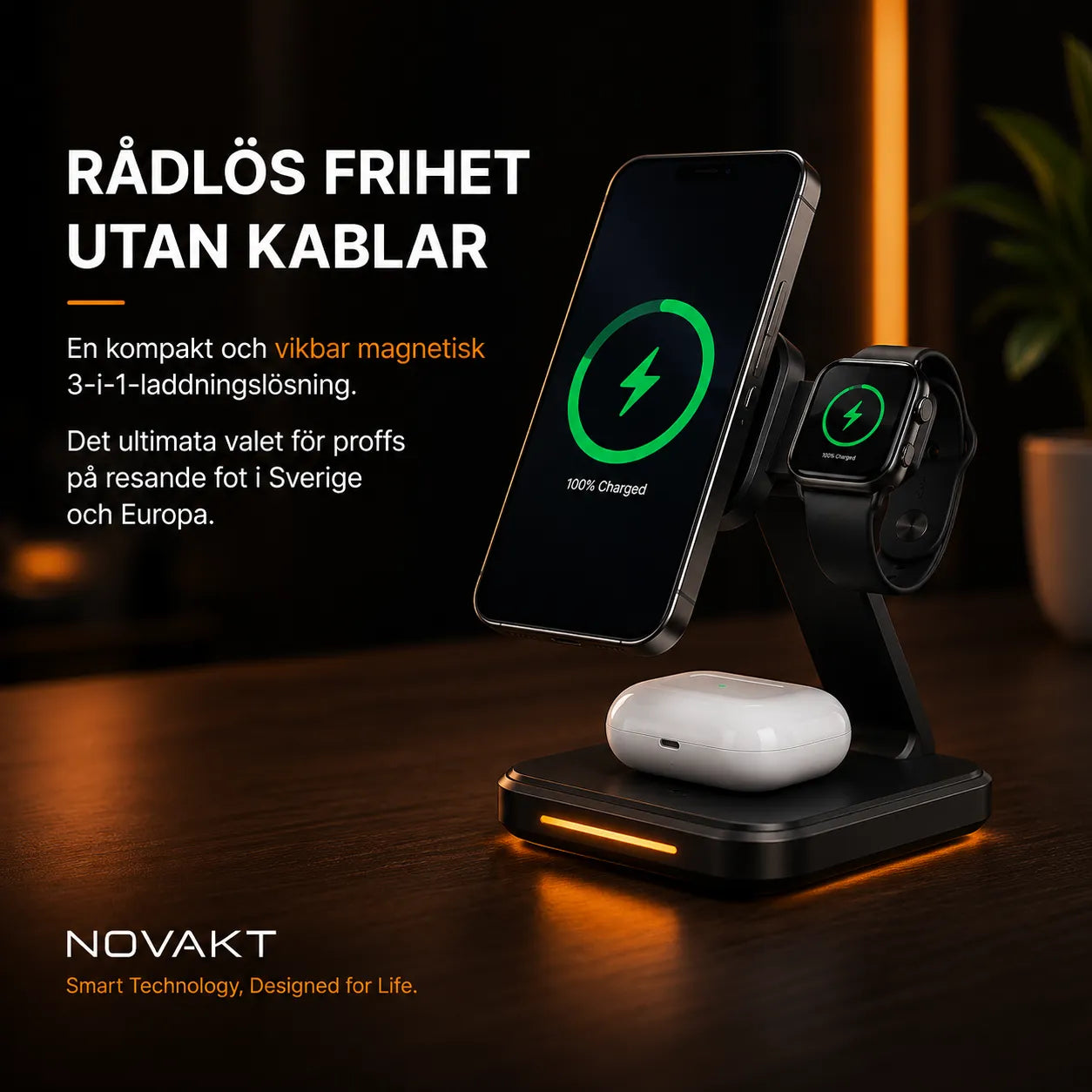 NOVAKT® Charge Pro – Magnetisk 3-i-1 Qi2-Laddningsstation